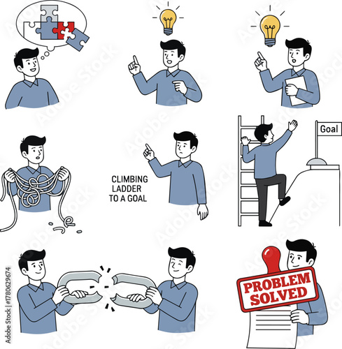 Create a kinds of deferent Simple vector illustration set of a young man who solved his problems vector art with white background..