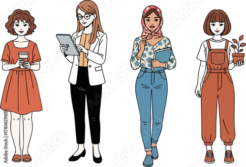 Create a kinds of deferent Simple vector illustration set of four young women vector art with white background..
