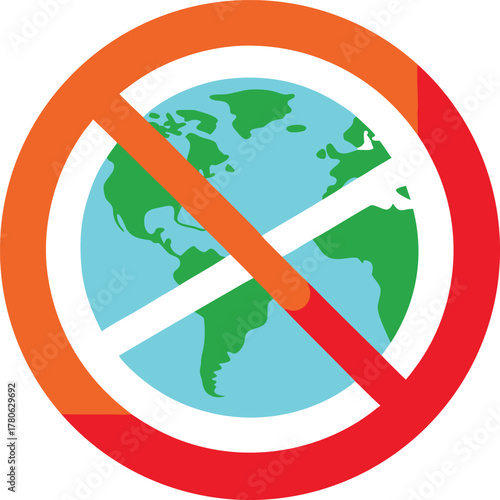 Prohibition sign with planet Earth icon on white background symbol