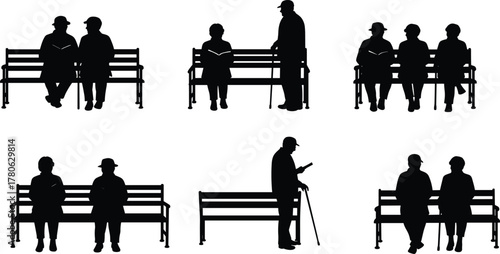 Silhouette people sitting on bench, standing with cane, social interaction, urban park scene, public seating, community gathering, outdoor leisure, lifestyle illustration, vector design