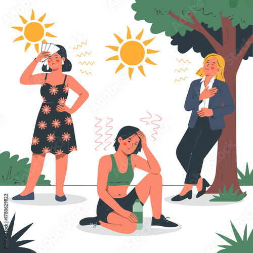 Create a kinds of deferent woman suffering from heatstroke outside vector art with white background.