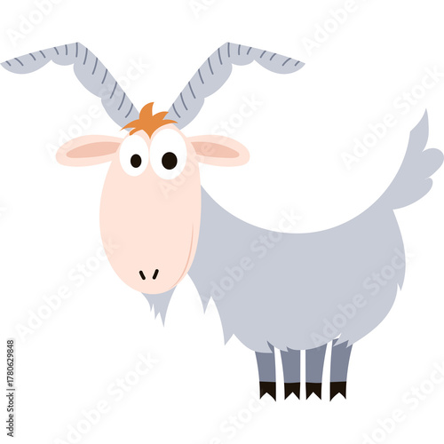 Cartoon Light Gray Goat With Long Curved Horns And Big Eyes Standing On White Background