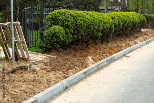 Freshly installed curb separates green bushes and bare soil from asphalt road in city park, concept of urban landscaping and renewal.