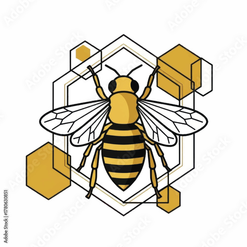 Stylized Bee Illustration with Geometric Honeycomb Elements.