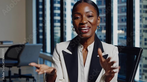 Black woman professional businesswoman discusses key strategies for personal development and success while seated in an office with a city skyline backdrop. Engaging and informative presentation.