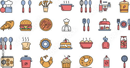 Food and cooking icons, kitchen utensils, chef illustration, bakery items, fast food, restaurant tools, meal preparation, culinary, dining, flat vector set
