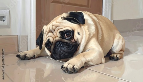 A cute, adorable pug lays on a tiled floor near a door, appearing inquisitive and looking directly at the viewer