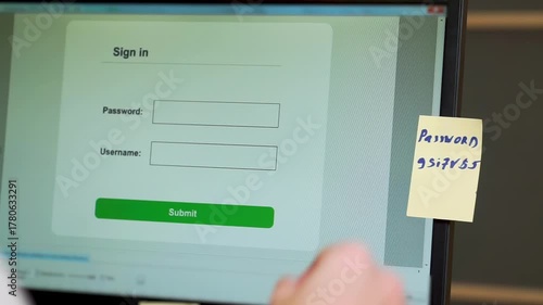 A sticker with a password. A person sticks a sticker with a password to a computer monitor while working