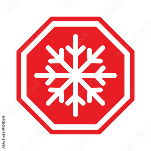 Bold vector illustration: White snowflake icon centered in a red octagon with a white border. A clean, flat design symbol for freezing temperature warning, frost, cold weather, or winter stop signage.