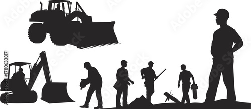Construction equipment silhouette, excavator, loader, workers, shovel, toolbox, industrial site, heavy machinery, labor force, engineering, black background, teamwork, planning, safety gea