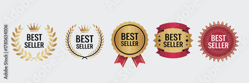 Golden and red best seller badge sticker set with premium quality design, isolated vector labels perfect for marking top products, discounts, and promotional packaging.