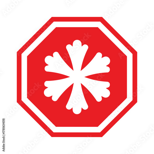 Bold vector illustration: White snowflake icon centered in a red octagon with a white border. A clean, flat design symbol for freezing temperature warning, frost, cold weather, or winter stop signage.
