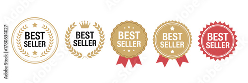  best seller stickers. premium quality labels in gold and red tones, perfect for e-commerce, retail marketing, and featured product promotion design.