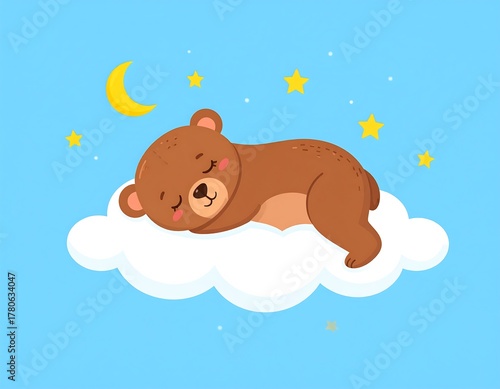 A cute brown bear lies peacefully asleep on a fluffy white cloud, surrounded by yellow stars and a crescent moon against a blue sky