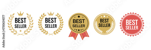Best seller sticker set featuring premium quality gold and red labels, isolated badge icons perfect for highlighting top products, marketing promotions, and retail packaging design.