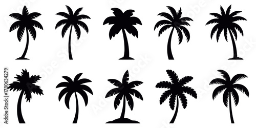 Palm tree silhouette vector set with tropical island theme, elegant black shapes for summer travel illustration, exotic beach design, and minimal nature-inspired paradise scenery collection