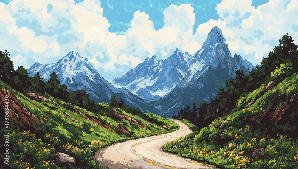 Naklejka premium Scenic illustration of winding road through lush green hills toward snow capped peaks under cloudy sky