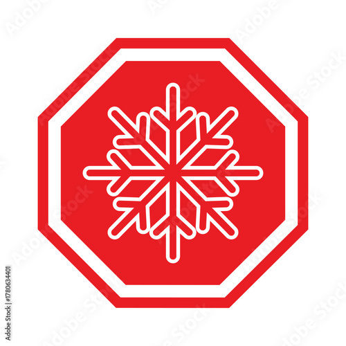 Bold vector illustration: White snowflake icon centered in a red octagon with a white border. A clean, flat design symbol for freezing temperature warning, frost, cold weather, or winter stop signage.