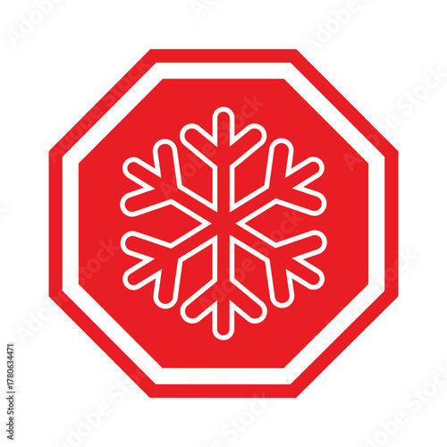 Bold vector illustration: White snowflake icon centered in a red octagon with a white border. A clean, flat design symbol for freezing temperature warning, frost, cold weather, or winter stop signage.