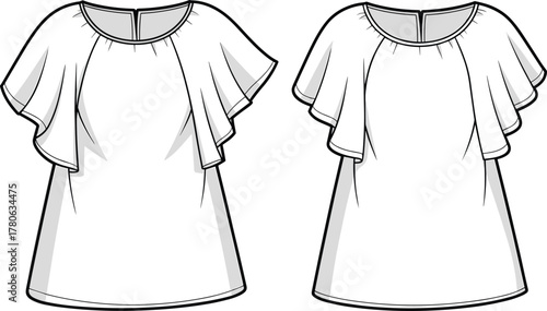 flutter sleeve blouse front and back view, women top design, fashion vector illustration