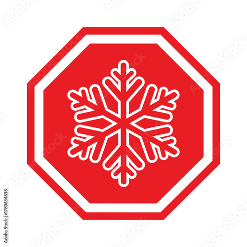 Bold vector illustration: White snowflake icon centered in a red octagon with a white border. A clean, flat design symbol for freezing temperature warning, frost, cold weather, or winter stop signage.