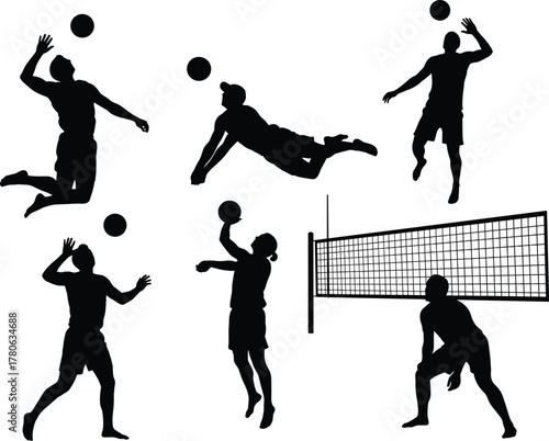Volleyball action silhouettes, spike and serve poses, athletic motion, black design, sport vector, ball hit, dynamic stance, game energy