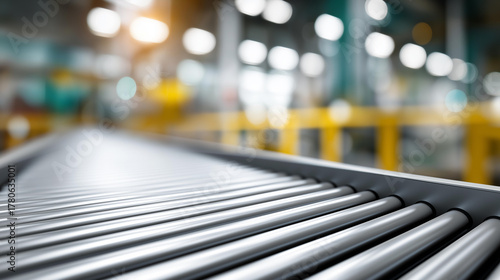 Wallpaper Mural Empty conveyor belt of production line with defocused factory, faceless automatic system, industrial visualization detail, blurred plant background, equipment concept, manufacturin Torontodigital.ca