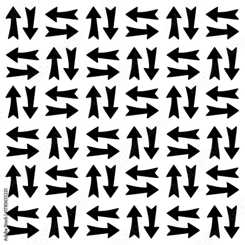 Seamless pattern of minimalist arrow icons. Minimalist hand drawn arrow icon pattern. Arrow icons pointing up, down, left, and right.