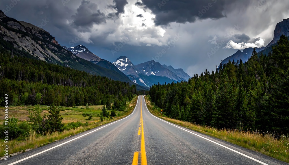Fototapeta premium Long, straight highway road stretching toward snow-capped mountains under a cloudy, dramatic sky