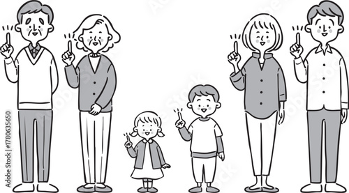 指差し　家族三世代　全身（モノクロ）　ベクター
