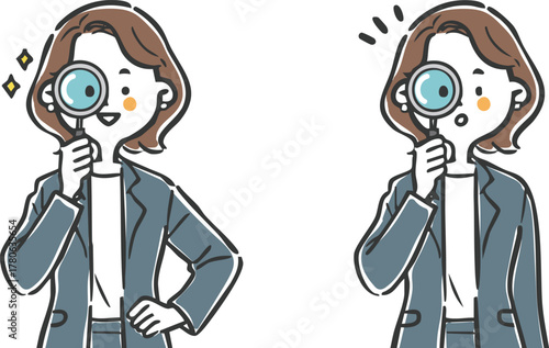 虫眼鏡をのぞくビジネスウーマン　上半身　ベクター
