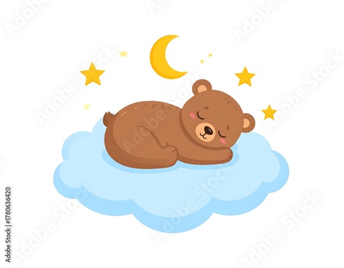 A cute cartoon bear sleeps soundly atop a fluffy, blue cloud under a crescent moon and scattered stars. Soft, gentle scene