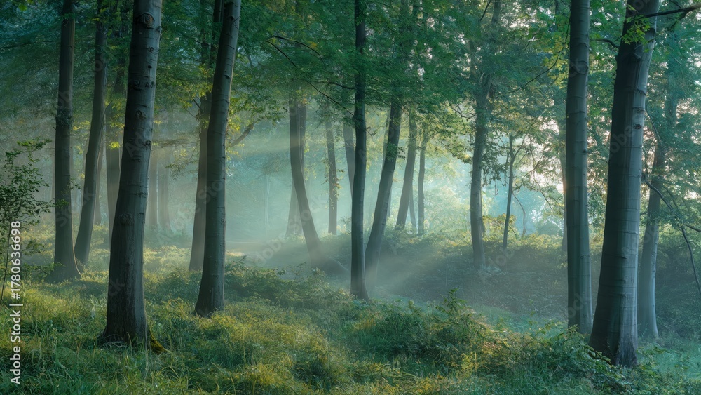 Obraz premium Sun rays in foggy forest landscape