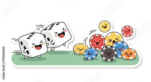Two adorable cartoon dice with cheerful expressions roll excitedly towards a vibrant collection of smiling casino chips, illustrating fun gambling game elements.