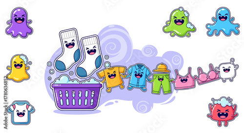 A whimsical illustration featuring adorable cartoon characters happily engaged in laundry activities, showcasing a vibrant and playful scene perfect for children's content.
