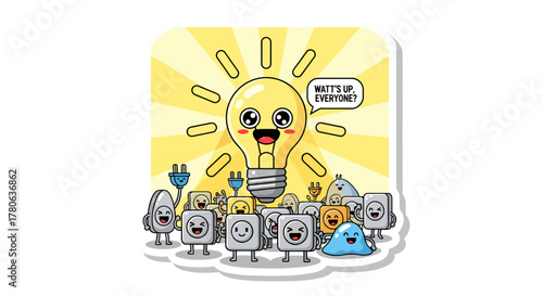 A cheerful, glowing cartoon lightbulb with a friendly expression greets a crowd of small, happy electrical components, symbolizing innovation and energy.