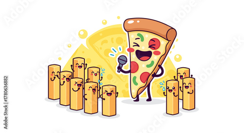 A delightful cartoon pizza slice joyfully sings into a microphone, entertaining an enthusiastic audience of happy cheese sticks in a whimsical food concert.