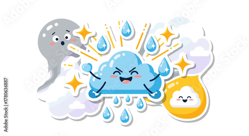 A cheerful blue cartoon cloud enthusiastically rains amidst sparkling effects, surrounded by other expressive weather elements, creating a playful meteorological illustration.