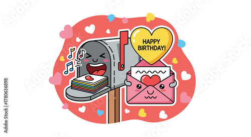 A joyful cartoon mailbox sings with delight, holding colorful birthday mail next to a cute heart envelope and a "Happy Birthday" balloon.