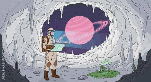 An intrepid space explorer discovers a breathtaking alien cave, revealing a vibrant pink ringed planet and glowing flora under advanced technological light.
