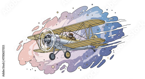 A charming vintage biplane illustration captures the exhilarating spirit of flight, soaring through a dreamy, colorful sky with speed and grace.