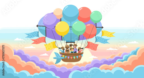 A cheerful group of diverse individuals enjoys a delightful journey, gracefully soaring in a vibrant hot air balloon above a whimsical, colorful sky.
