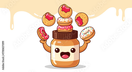 A cheerful cartoon jar of creamy peanut butter joyfully balances a delightful assortment of sweet, colorful donuts with various toppings and fillings.