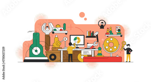 Professionals collaborating in an innovative workspace, utilizing diverse tools and data analysis for strategic project development and business solutions.