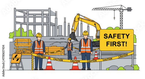 An illustrative scene emphasizing workplace safety regulations and protective measures on a busy construction site with diligent workers and heavy machinery.