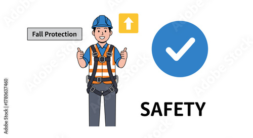 A cheerful cartoon construction worker demonstrates proper fall protection equipment, emphasizing workplace safety and compliance with essential personal protective gear.