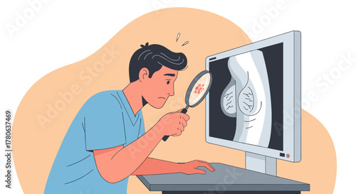 A focused man meticulously examines a digital mammogram on a computer screen using a magnifying glass, looking for potential health abnormalities.