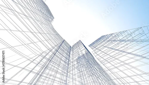 Fototapeta Low angle wireframe architectural drawing shows interconnected lines, rising structures against a gradient blue sky