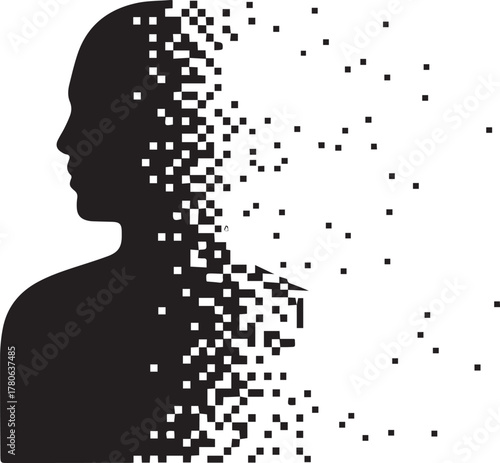 Abstract silhouette of a human head and shoulders dissolving into digital pixels and data streams representing technology and transformation