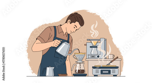 A skilled barista carefully prepares a delicious pour-over coffee, meticulously brewing a fresh cup with hot water from a stylish kettle.